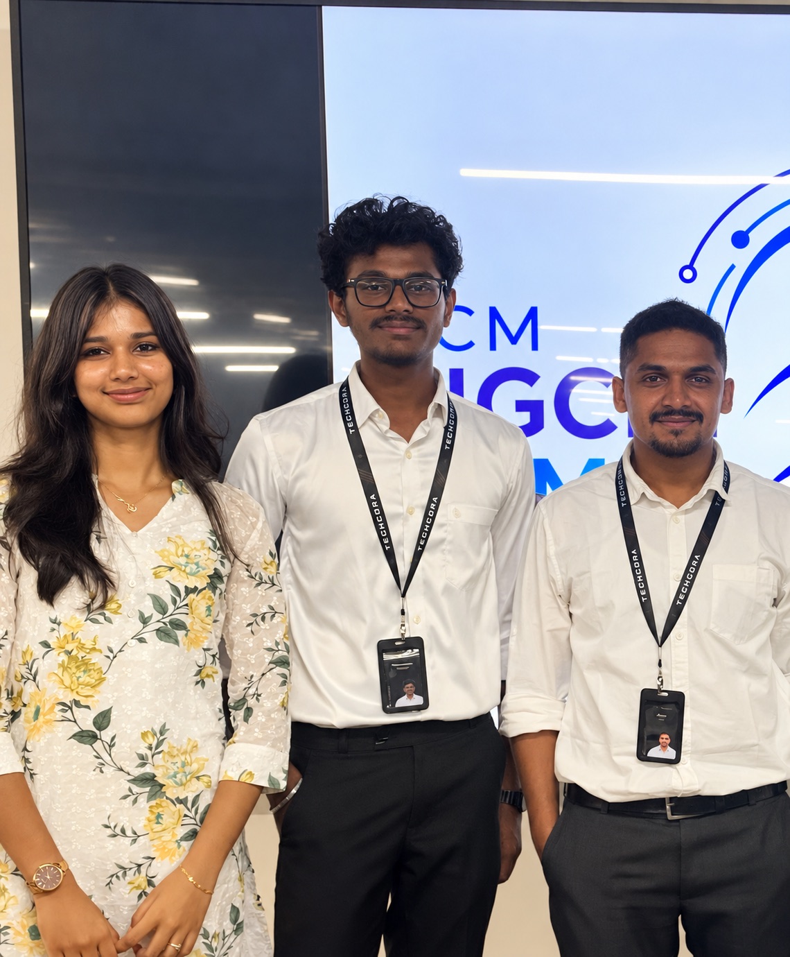 Techcora team members wearing Techcora lanyards at the hackathon
